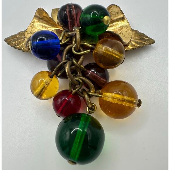 Antique 1930s 1940s gold tone brass multicolor glass spheres beaded bow brooch - Picture 2 of 7